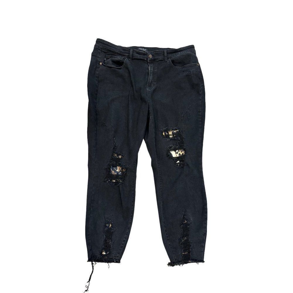 Judy Blue Leopard Print Patch High Rise Distressed Skinny Jeans Raw Hem 20W